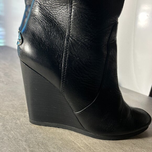 Coach SZ 7 Della Black Leather Wedge Heel Knee High Boot Closet Staple - Picture 7 of 11